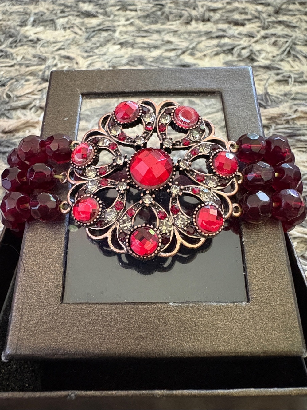 Garnet Red Crystal Floral Stretch Bracelet - Women Jewelry - Picture 6 of 7